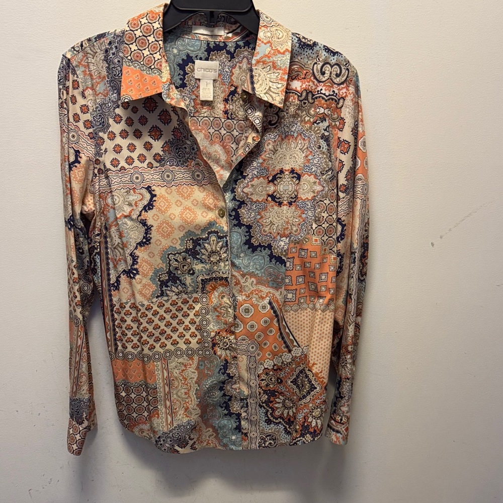 Chico's Patchwork Paisley Button-Up Blouse — Peach, Navy, Cream